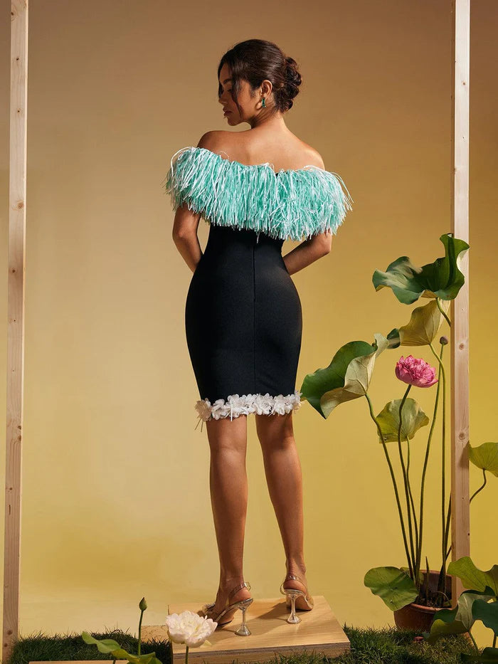 Women Sexy Strapless Fringe Flower Bandage Mini Dress