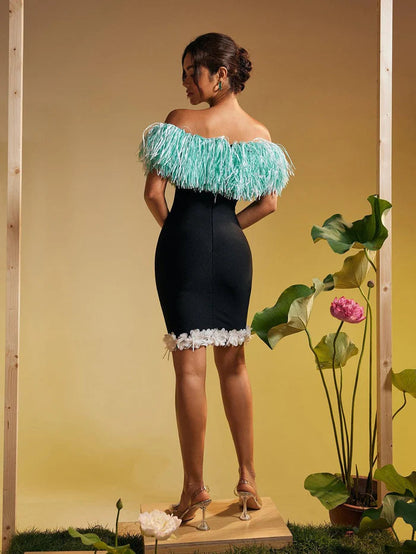 Women Sexy Strapless Fringe Flower Bandage Mini Dress