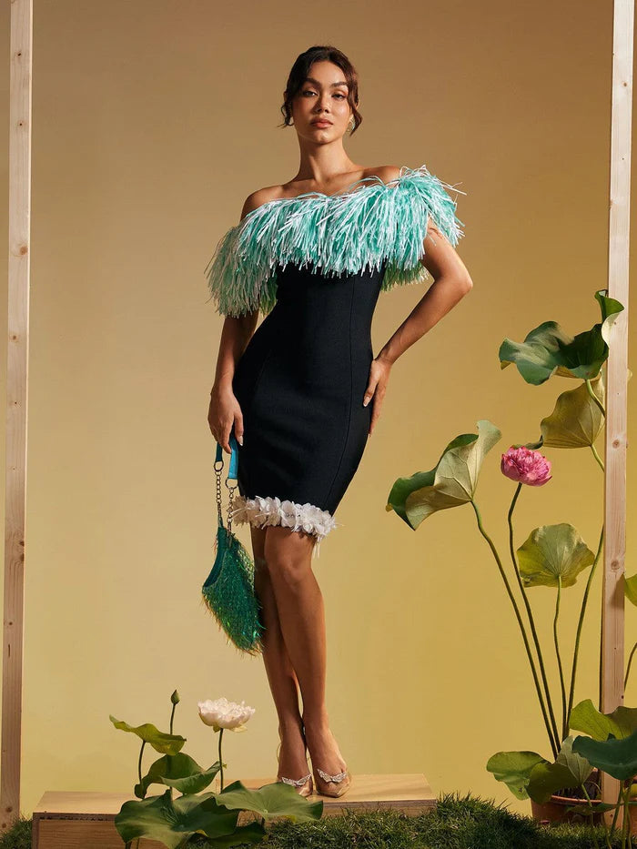 Women Sexy Strapless Fringe Flower Bandage Mini Dress