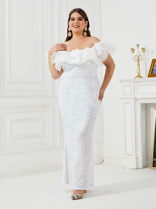 White sequined fish tail long dress party fashionable plus size women