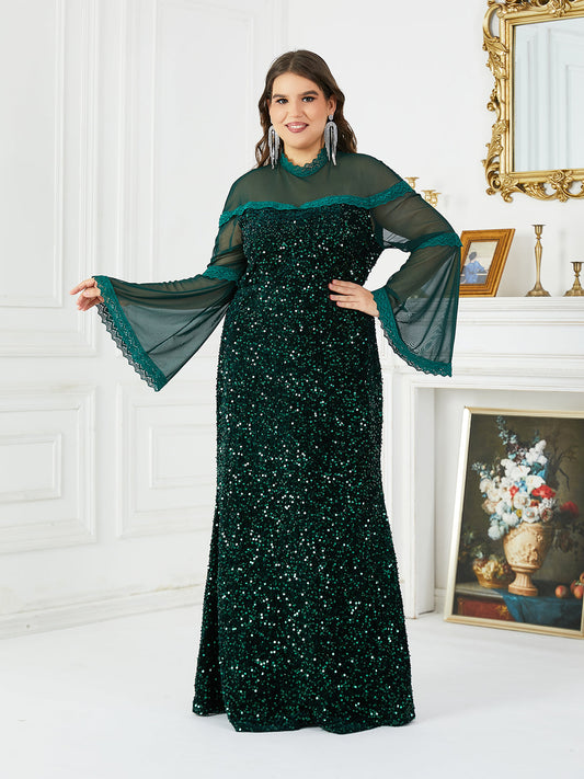 Green high neck veil sequin patchwork sexy long dress with flared sleeves