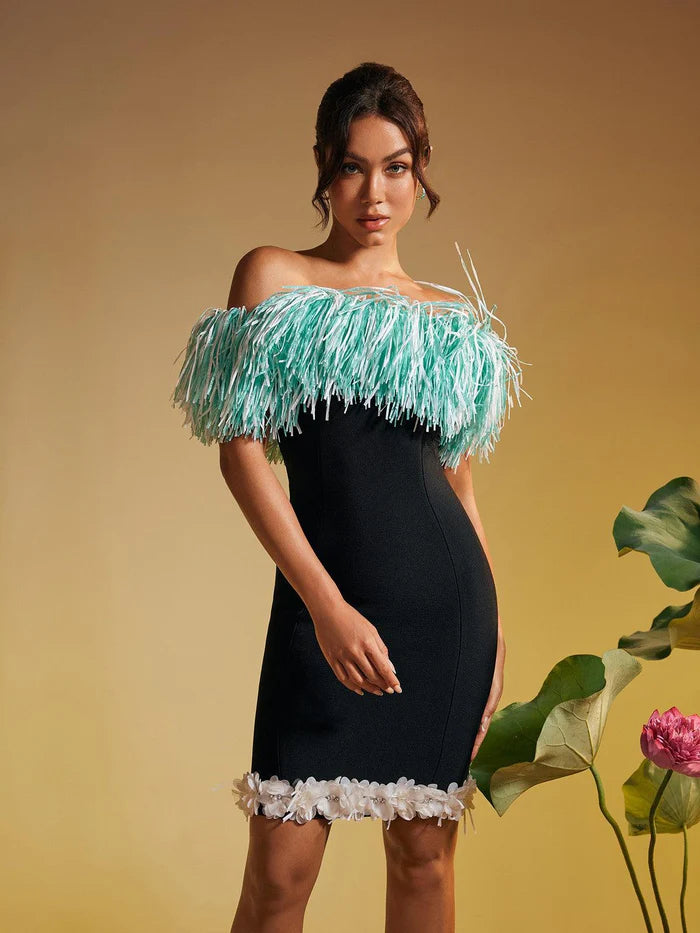 Women Sexy Strapless Fringe Flower Bandage Mini Dress